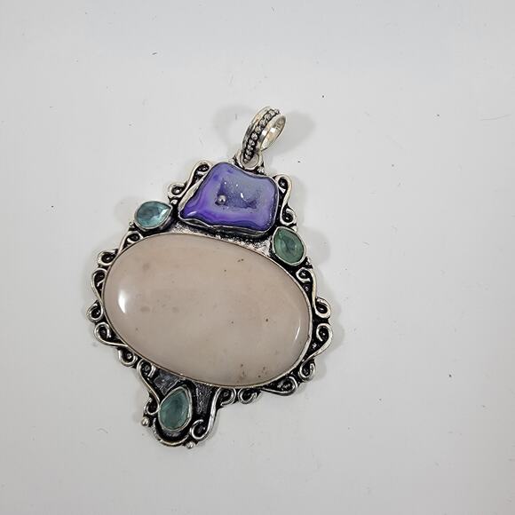 Handmade Silver Pendant with White Jasper, Sugilite & Emerald Accents - Picture 9 of 10